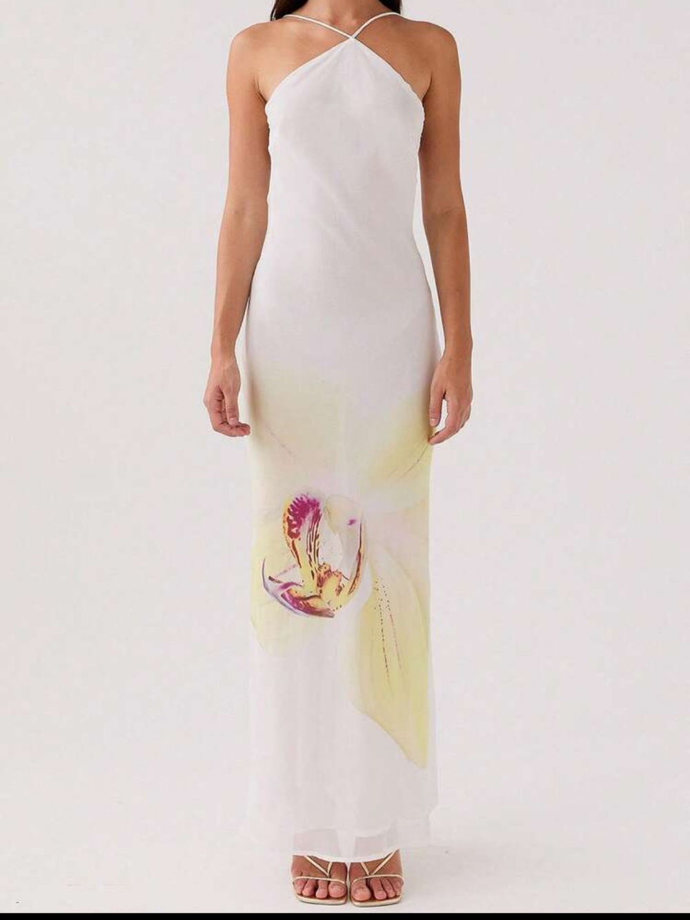Peppermayo White Halter Maxi Dress with Yellow & Pink Orchid